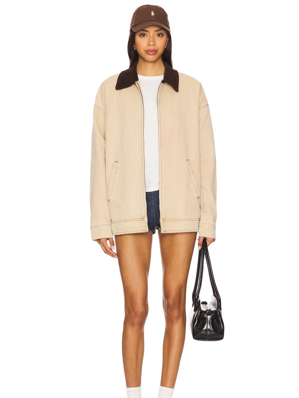Lioness Beige Bomber Jacket with Dark Contrast Collar